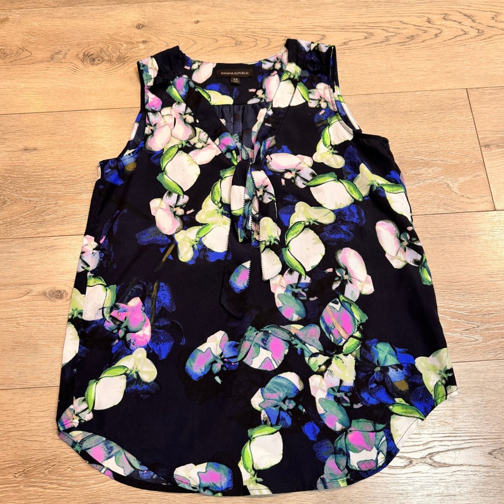 Banana Republic‎ Floral Print Sleeveless Tie Neck Blouse Top XSmall XS